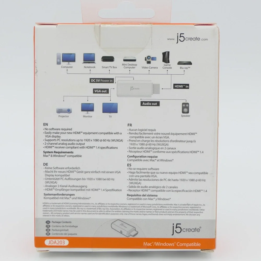 j5create HDMI to VGA Video Adapter Converter w/ Audio JDA203 White Sealed Box